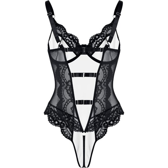 Lilosy Sexy Black Lace Sheer Corset Lingerie Push Up Underwire One Piece Teddy - Picture 4 of 5